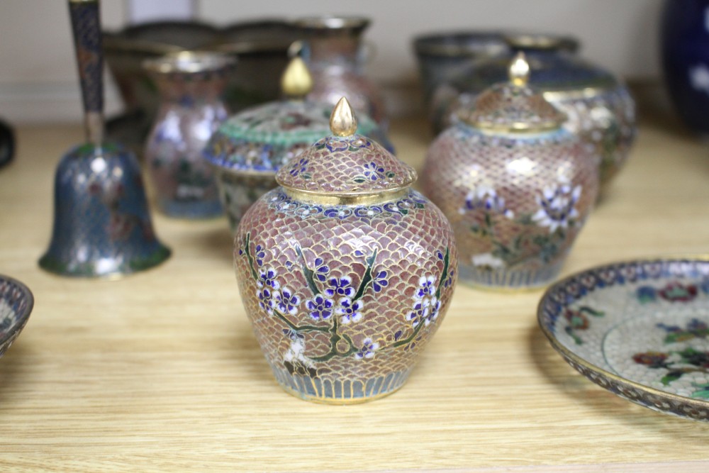 A collection of Chinese plique a jour ornaments including a bell